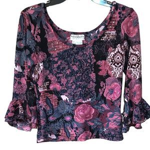 Vintage 90s Haven Bleu tiny T-shirt embroidered ruffled bell sleeve top size med